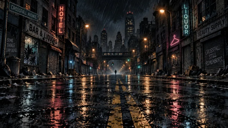 An empty, rain-soaked Crossfall Avenue under neon signs, with a lone figure far down the street.