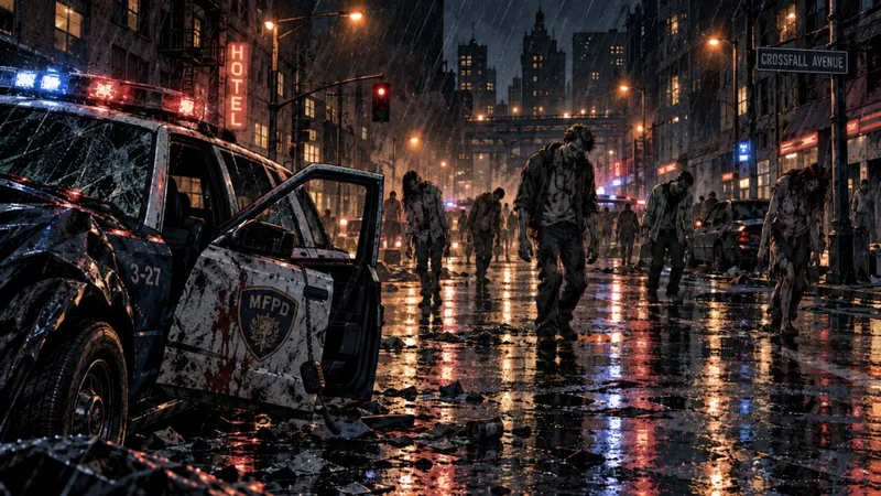 The dead walk past an abandoned police cruiser, its door hanging open, on a flooded avenue.