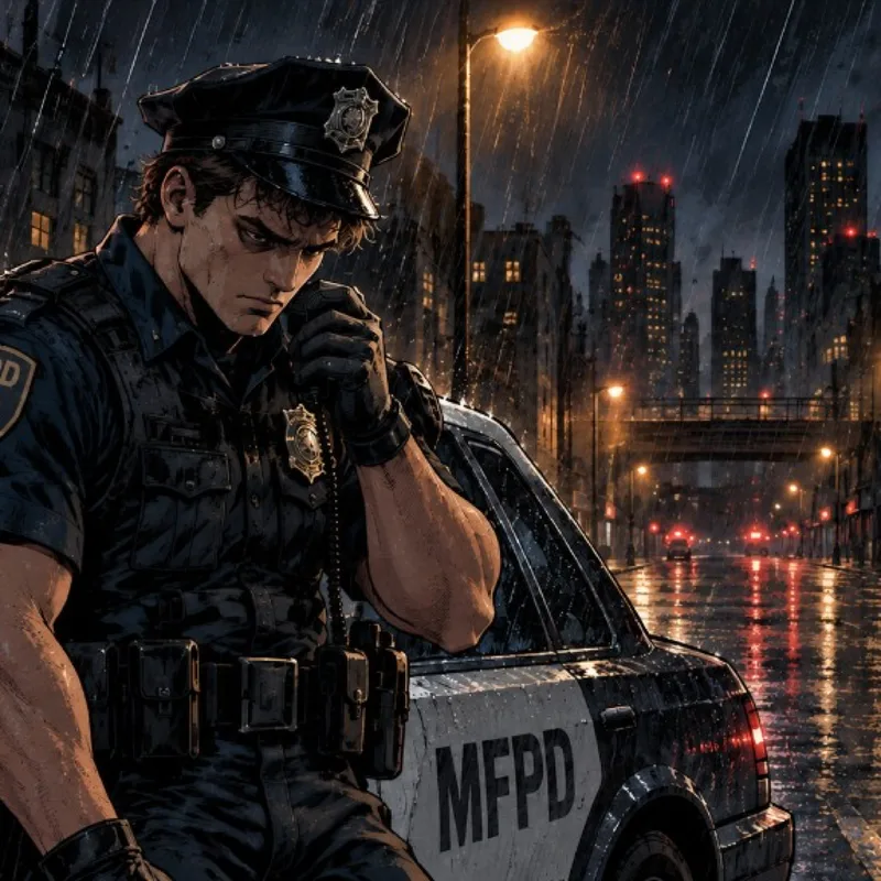 Officer Cole Mercer on his radio beside his cruiser in the rain.