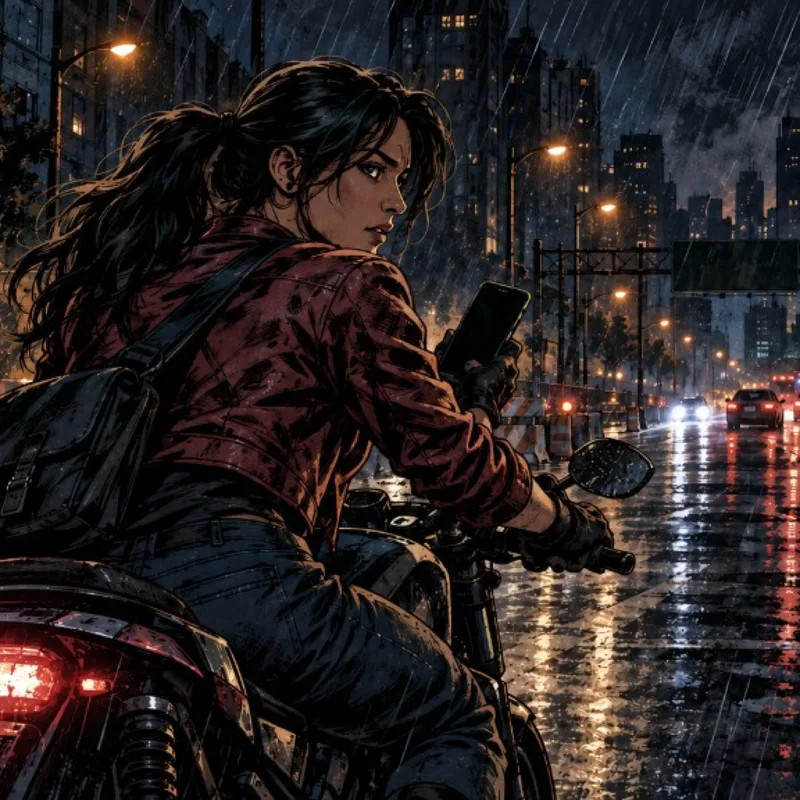 Nia Vargas on her motorcycle at a closed road in the rain.