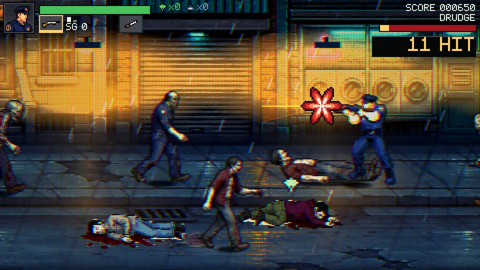 Cole fires a shotgun into the dead on Rain Street as the combo counter reaches 11 hits.