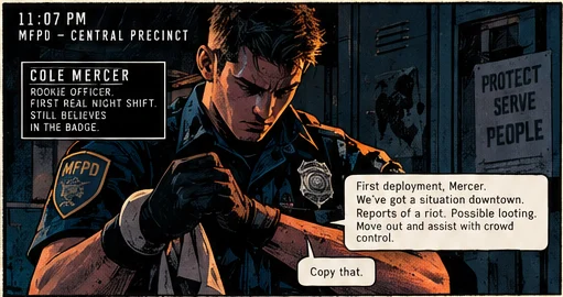 11:07 PM, MFPD Central Precinct. Cole Mercer, rookie officer, gets his first deployment: a riot downtown. He answers, Copy that.