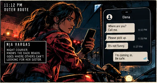 11:12 PM, outer route. Nia Vargas, night courier, reads texts from Elena: Where are you? Please pick up. It's not funny. She replies: I'm coming in. Be safe.