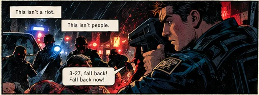 Cole draws his gun on the crowd: This isn't a riot. This isn't people. The radio orders him to fall back.