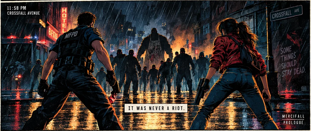 Cole Mercer and Nia Vargas face a horde and a hulking figure on Crossfall Avenue in the rain.